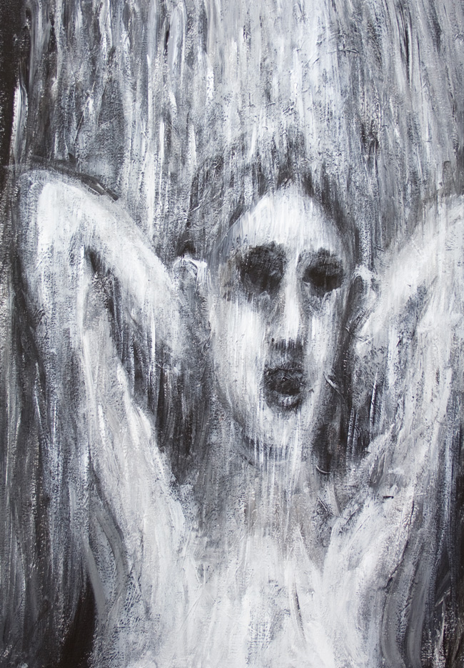 Young Woman taking a shower :New black and white realism female portrait painting, black and white expressionism, rough brush stroke water splash pattern, black and white realism, acrylic painting #8601, 2009 | Kazuya Akimoto Art Museum